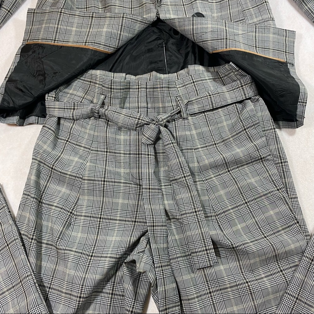 Glen Check Plaid Pant Suit Blazer Paper Bag Waist Pant Liz Claiborne Gray Black - Picture 3 of 16
